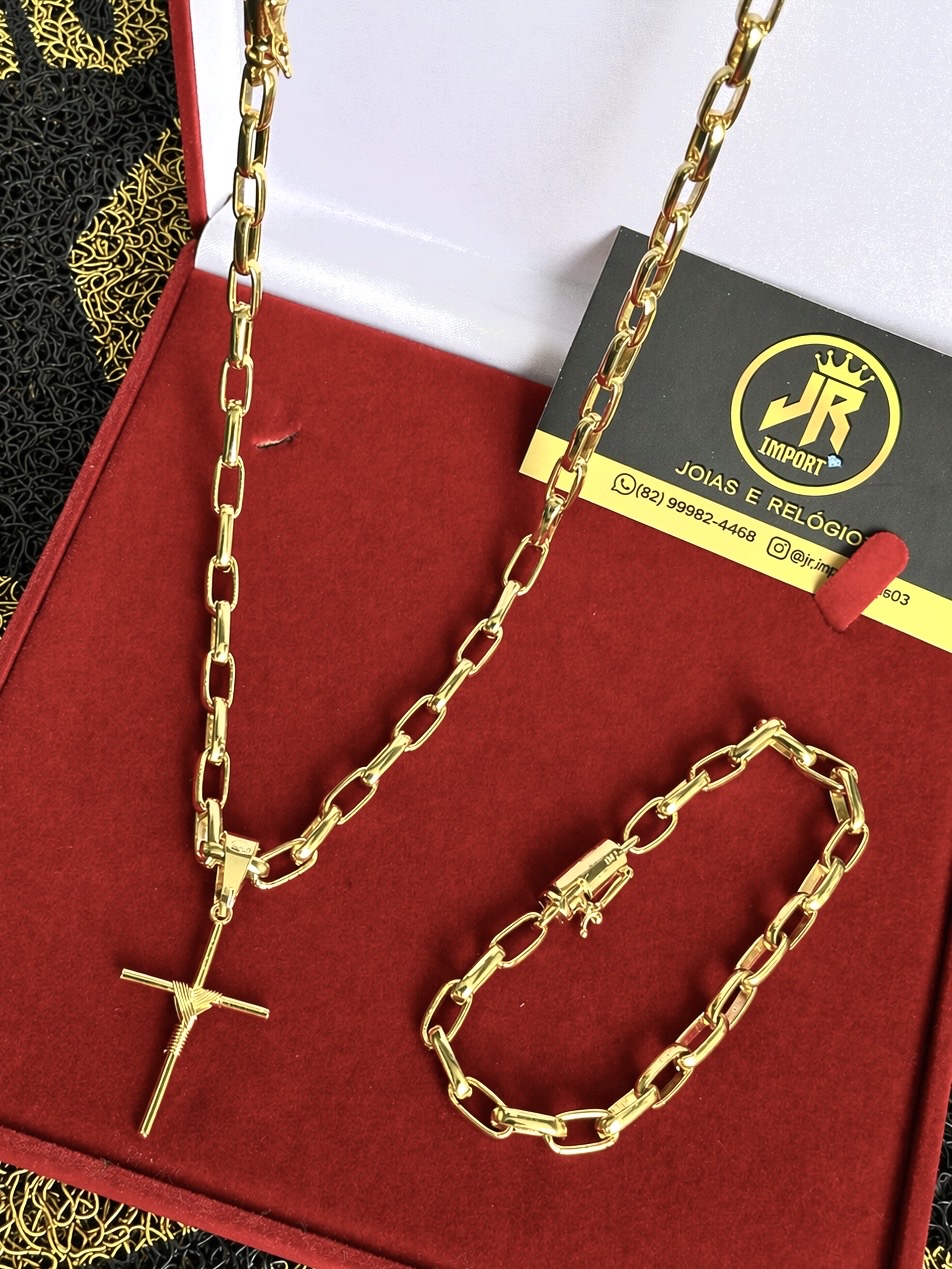 Kit Corrente + Pulseira Meia Cana 6mm com Pingente de Cruz Banhado a Ouro 18K - Imagem 3
