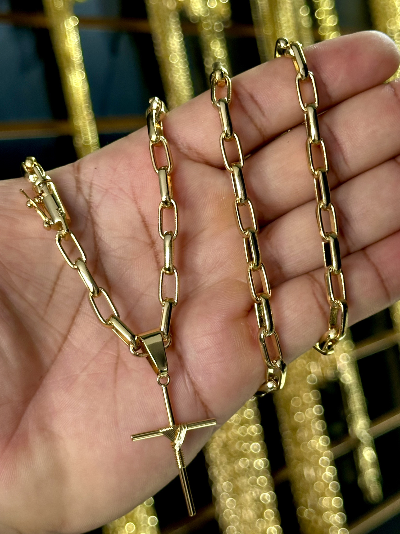 Kit Corrente + Pulseira Meia Cana 6mm com Pingente de Cruz Banhado a Ouro 18K - Imagem 7