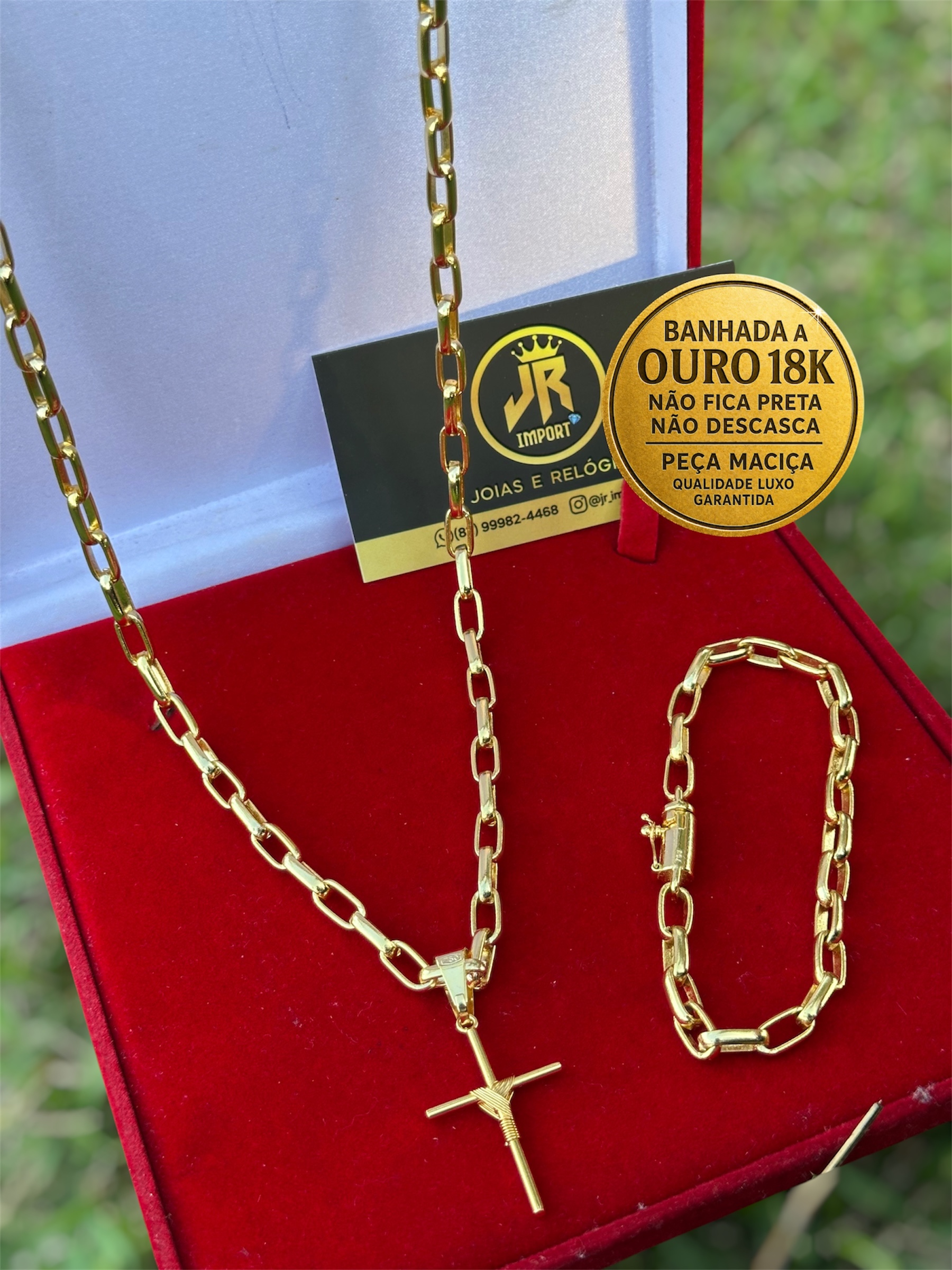 Kit Corrente + Pulseira Meia Cana 6mm com Pingente de Cruz Banhado a Ouro 18K